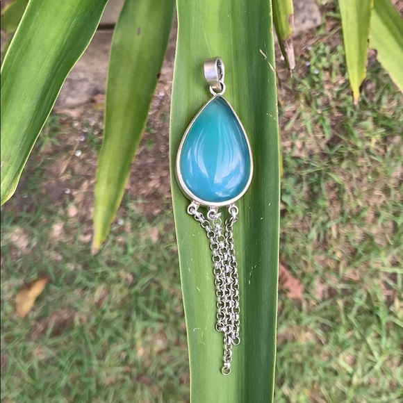 Sterling Tear Drop Glass Dangle Chain Pendant - Picture 13 of 17